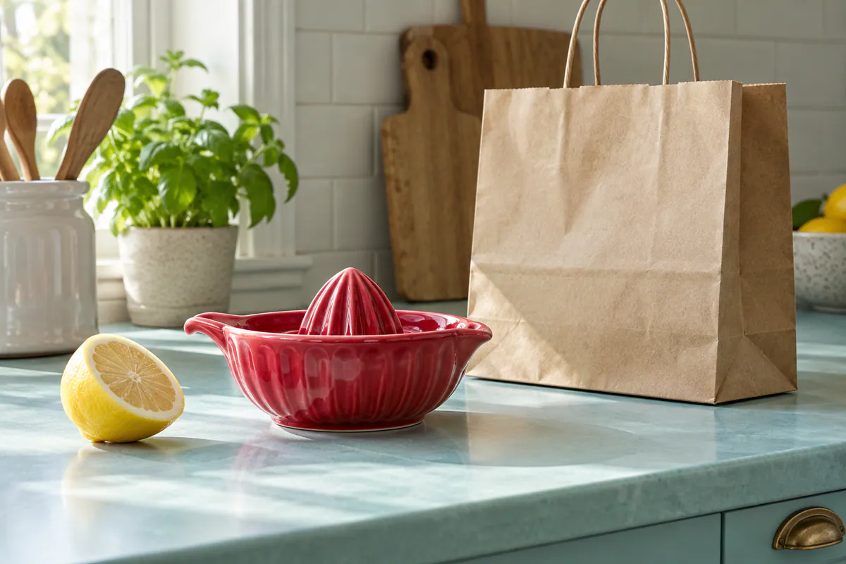 A raspberry-red ceramic juicer rests beside half a lemon and a kraft shopping bag on a pale aqua kitchen counter.
