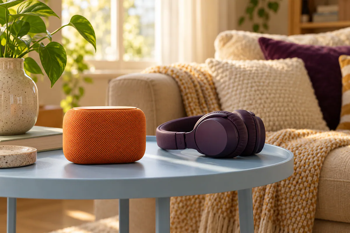 A tangerine speaker and deep purple headphones sit on a pale blue table beside a cream sofa.