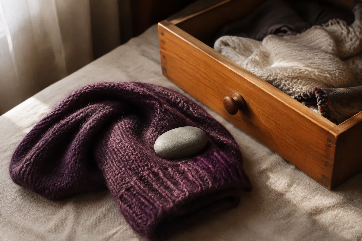 A smooth grey stone rests on a plum knitted scarf beside an open wooden drawer in soft window light.
