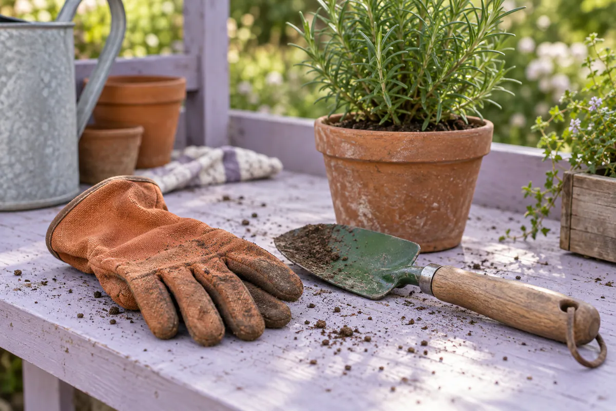 A terracotta gardening glove and green hand trowel rest on a lavender potting bench beside rosemary.