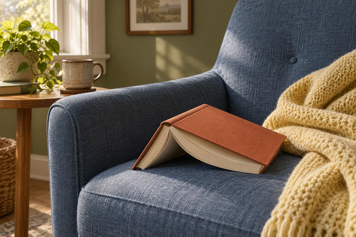 A half-open terracotta book rests on a denim-blue reading chair beside a pale yellow knitted throw.