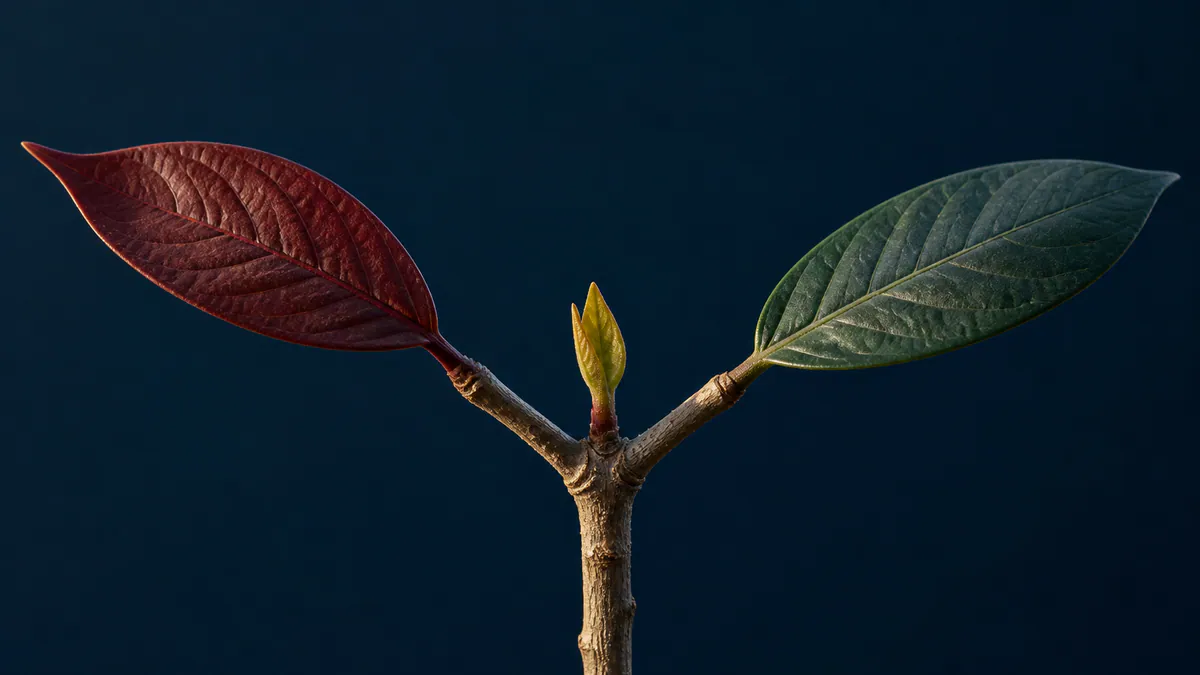 A burgundy leaf and a green leaf branch in opposite directions around an upright golden-green bud.