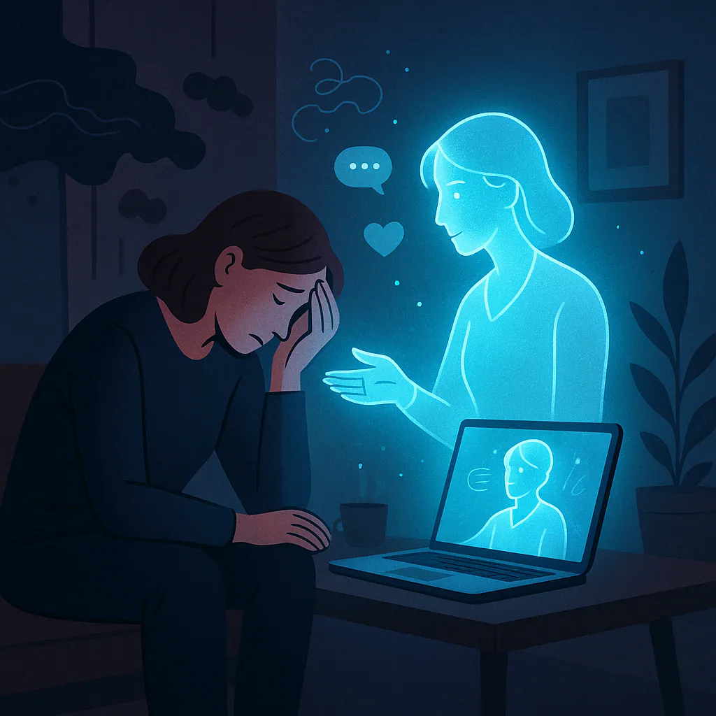 Person seated beside a laptop while considering online emotional-support options